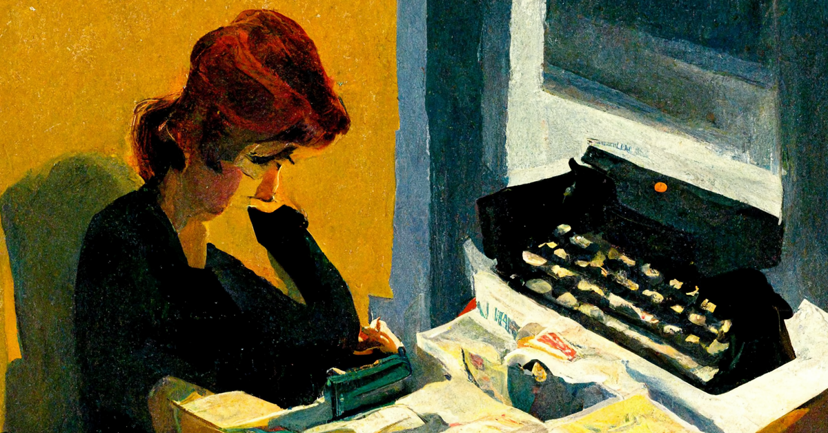 Mujer sentada frente a una máquina de escribir